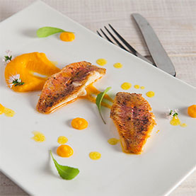 Pan Fried Red Mullet, with Carrot Purée and Grapefruit Reduction